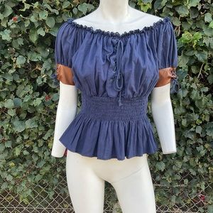 Navy and Brown Off-Shoulder Smocked Top
